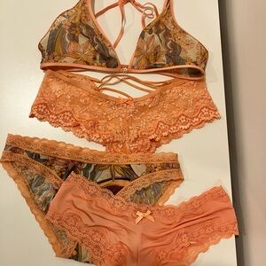 Victoria's Secret Orange Floral Lace Bra and Panty Set